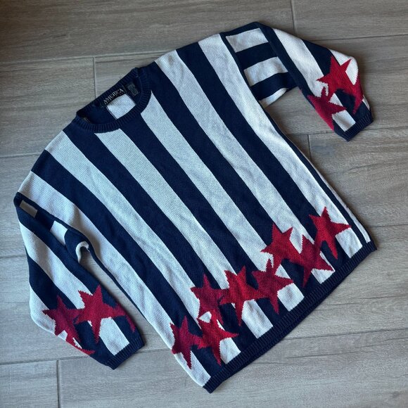 Perry Ellis Blue & White Striped Sweater w/ Red Stars – Women’s Large - Picture 1 of 9
